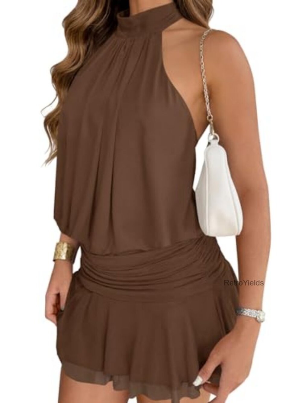 Womens Mesh Halter Mini Dress Open Back Self Tie Club Night Out Party